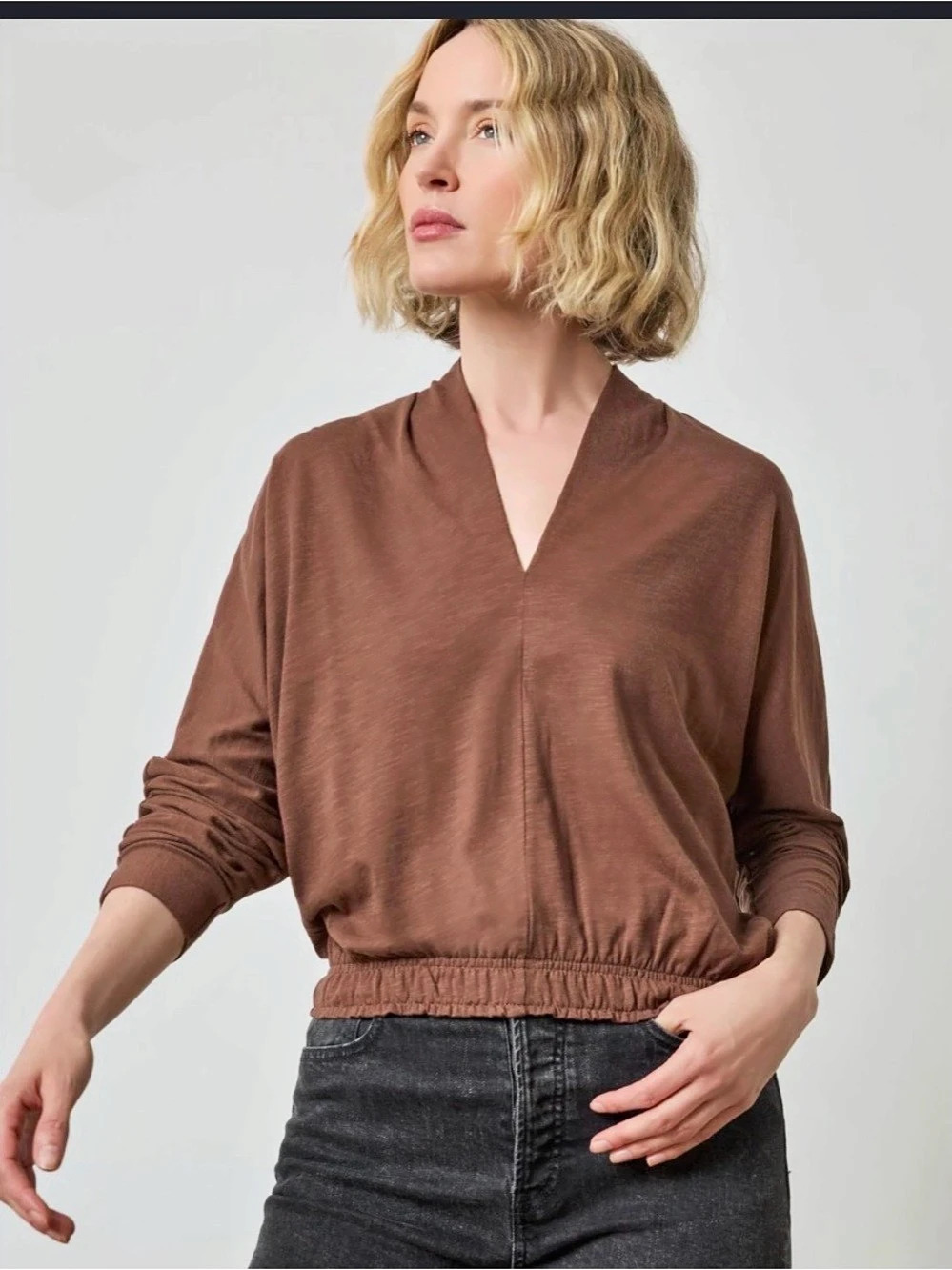 Lilla P Long Sleeve V-Neck Top in Brown Size Small